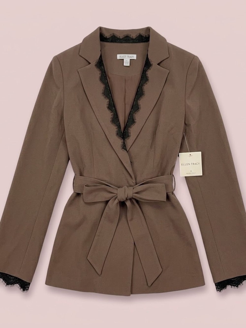 NWT Ellen Tracy Brown Belted Lace-Trim Blazer